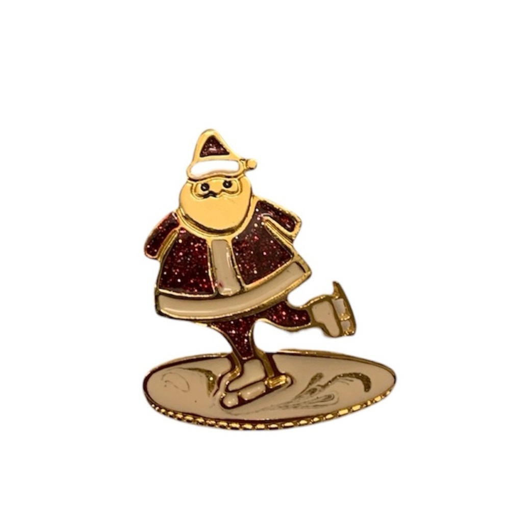 Vintage Newpro Christmas Santa Pin Brooch Gold Tone Red & Cream Enamel